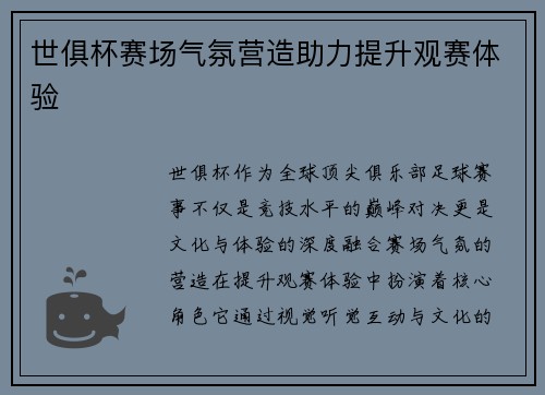 世俱杯赛场气氛营造助力提升观赛体验